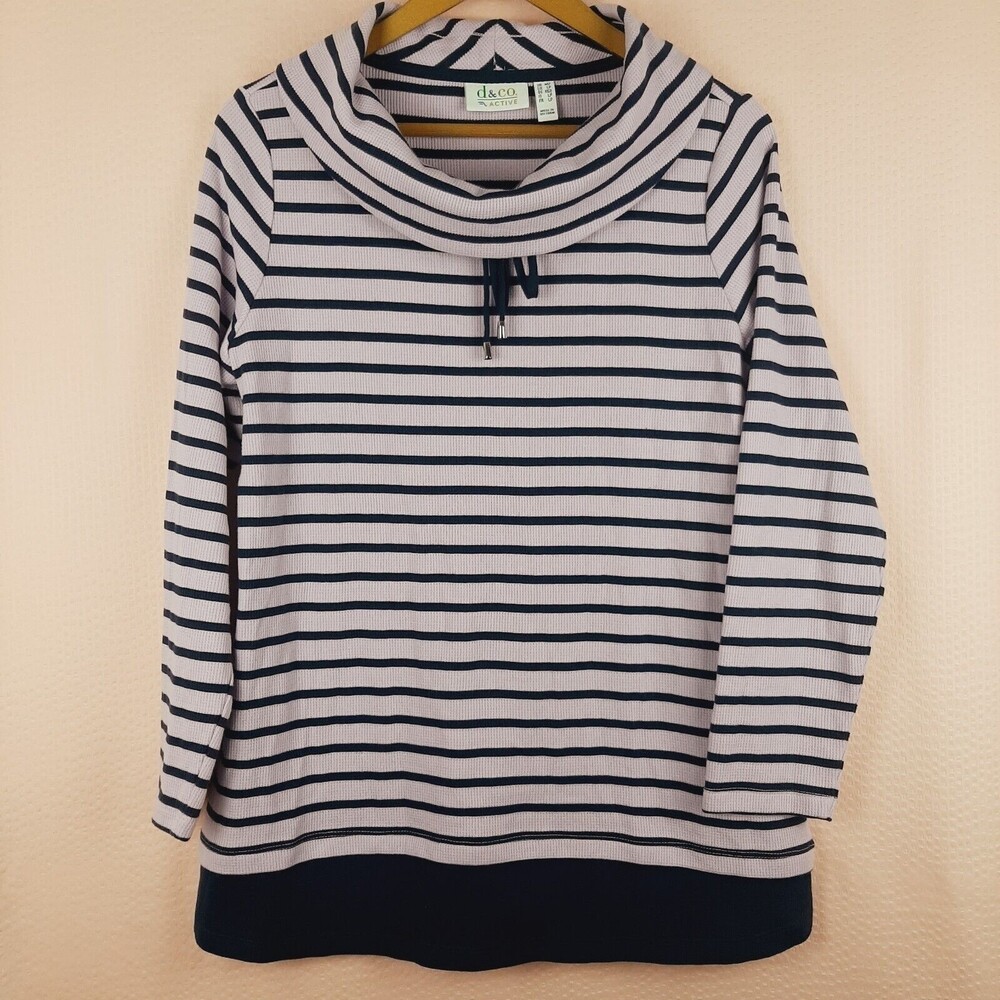 D & CO Active Women Pullover Striped Purple Sweater Long Sleeve Mock Neck Sz MP